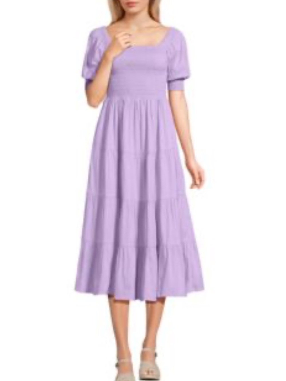 Lands’ End Women’s Smocked Cotton Donny Midi Puff Sleeve Dress Lavender Large
